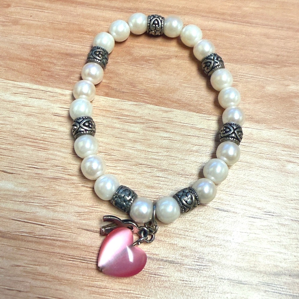 Pink Heart Awareness Ribbon Pearl Stretch Bracelet Silver Tone Spacers